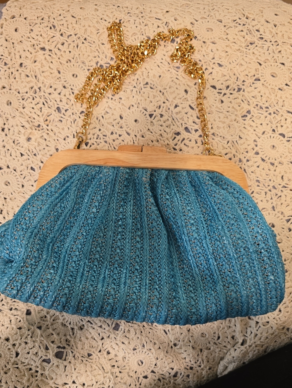 Teal Knit Frame Shoulder Bag with Gold Chain